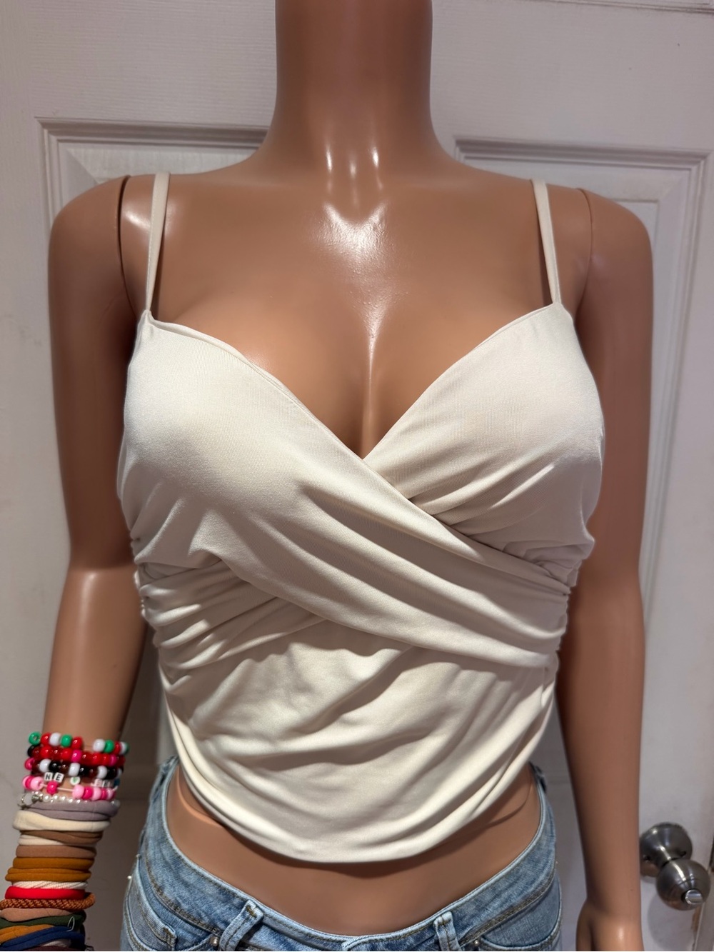 Women’s Cream Wrap Front Cami Top - Sleeveless Spaghetti Strap